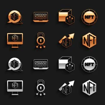 Set Cyber security, NFT Digital crypto art, growth bar chart, Monitor with st Illustrazione stock