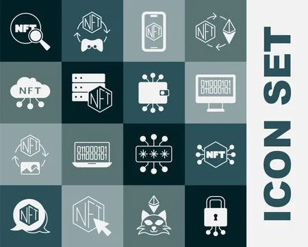 Set Cyber security, NFT Digital crypto art, Binary code, Mobile with store ap Stock Illustration