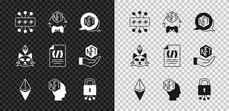 Set Cyber security, NFT Digital crypto art, Ethereum ETH, and Binary code icon Stock Illustration