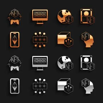 Set Cyber security, NFT Digital crypto art, Ethereum ETH, and Binary code icon Stock Illustration