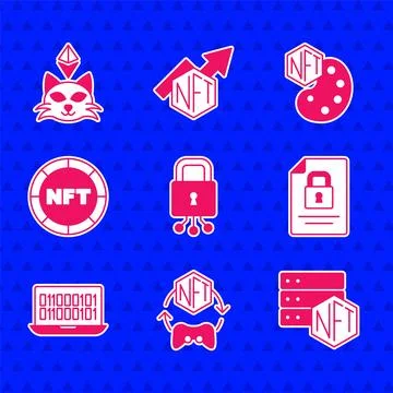 Set Cyber security, NFT Digital crypto art, blockchain technology, Document and Stock Illustration