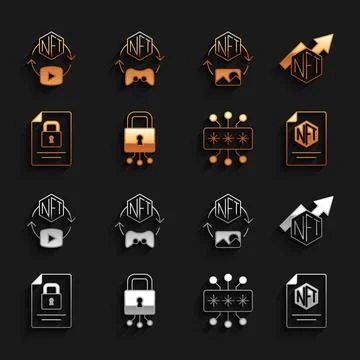 Set Cyber security, NFT growth bar chart, contract, Document and lock, Digital Illustrazione stock