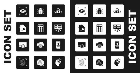 Set Cyber security, Password protection, Smart home, Eye scan, Server, Data, Web Stock Illustration