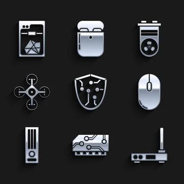 Set Cyber security, RAM, random access memory, Router wi-fi signal, Computer Stock Illustration