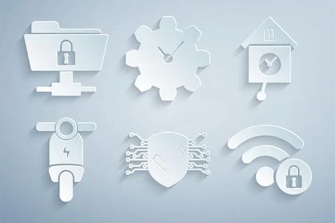 Set Cyber security, Retro wall watch, Electric scooter, Wifi locked, Time Stock Illustration