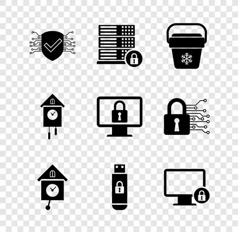Set Cyber security, Server with lock, Cooler bag, Retro wall watch, USB flash Stock Illustration