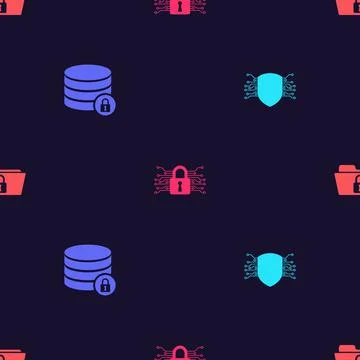 Set Cyber security, Server with lock,  and Folder and on seamless pattern. Ve Stock Illustration