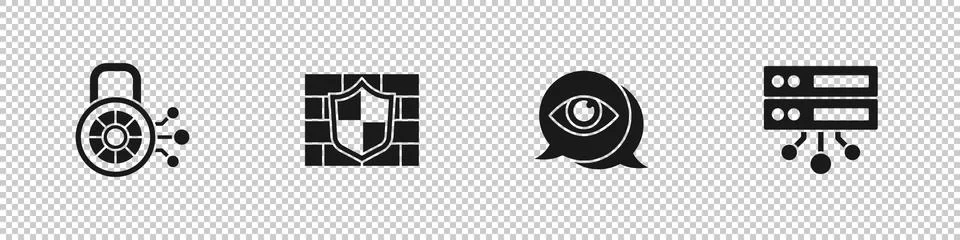 Set Cyber security, Shield with brick wall, Eye scan and Server, Data, Web Stock Illustration