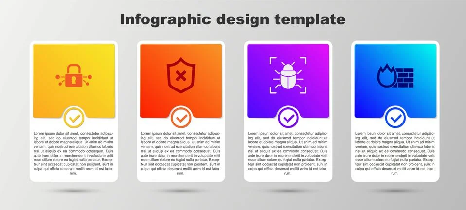 Set Cyber security, Shield with cross mark, System bug and Firewall, wall Stock-Illustration