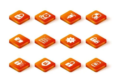 Set Cyber security, Shield with lock, Folder and, Computer api interface, Open Illustrazione stock