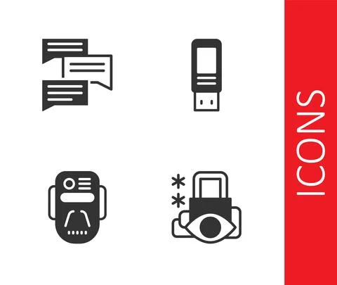 Set Cyber security, Speech bubble chat, Artificial intelligence robot and USB Illustrazione stock