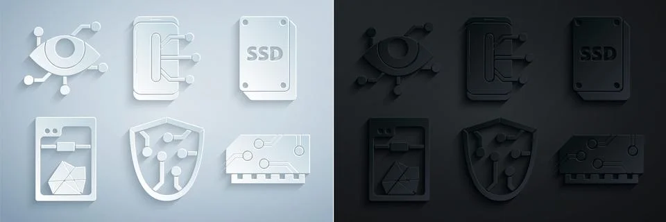 Set Cyber security, SSD card, 3D printer, RAM, random access memory, Smartphone Illustrazione stock