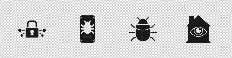 Set Cyber security, System bug on mobile, and House with eye scan icon. Vector Illustrazione stock
