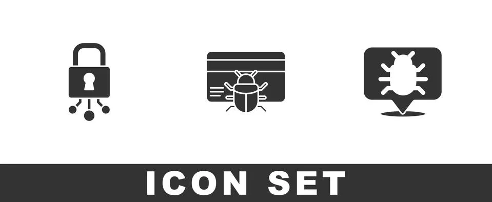 Set Cyber security, System bug in credit card and icon. Vector 스톡 일러스트