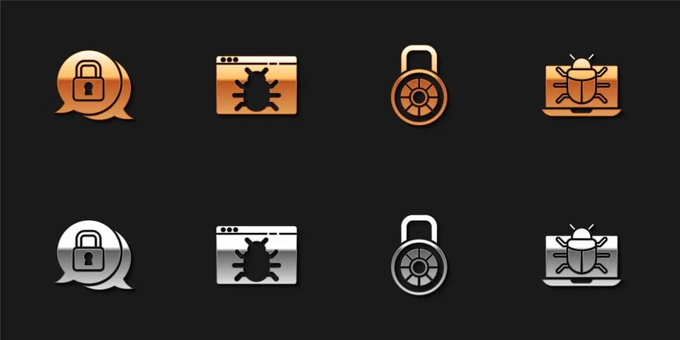 Set Cyber security, System bug, Safe combination lock and monitor icon. Vector Illustrazione stock