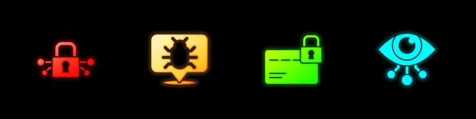 Set Cyber security, System bug, Credit card with lock and Eye scan icon. Vector Illustrazione stock