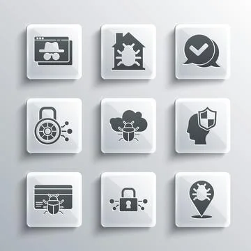 Set Cyber security, System bug, Head with shield, on cloud, in credit card Stock Illustration