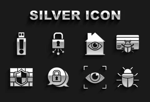 Set Cyber security, System bug in credit card, Eye scan, Shield with brick wa Stock Illustration