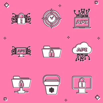 Set Cyber security, Time Management, Computer api interface, , Folder and lock Stock Illustration