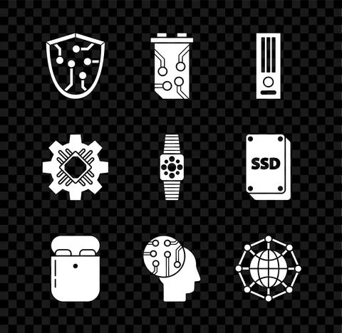Set Cyber security, Video graphic card, game console, Air headphones in box Stock Illustration