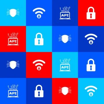 Set Cyber security, Wifi locked, Computer api interface and Lock icon. Vector Illustrazione stock
