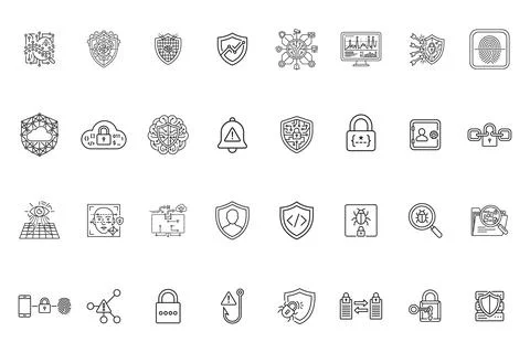 Set of cybersecurity and data protection line icons Stock Illustration
