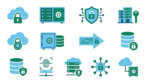 Set of cybersecurity flat icons with cloud storage server protection and sa.. Illustrazione stock