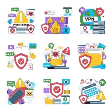Set of Cybersecurity Flat Illustrations Stock Illustration