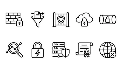 Set of cybersecurity line icons for network protection and digital security. Stockillustratie