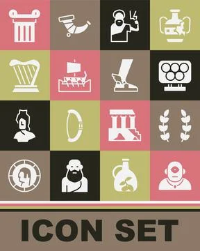 Set Cyclops, Laurel wreath, Olympic rings, Zeus, Greek trireme, Harp, Ancient Ilustración de archivo