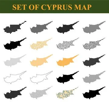 Set of Cyprus map designs in various styles including dotted and solid shap.. Stock Illustration
