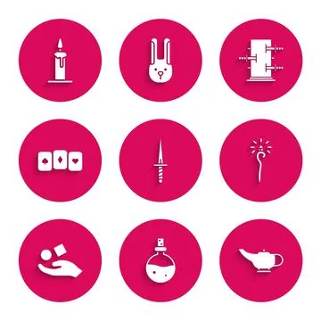 Set Dagger, Bottle with love potion, Magic lamp or Aladdin, staff, Cube lev.. Illustrazione stock