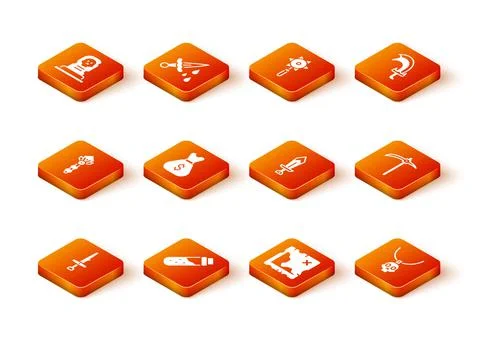 Set Dagger, Bottle with potion, Magic wand, Old money bag, Pirate treasure map Illustrazione stock