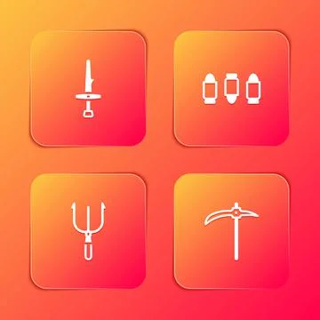 Set Dagger, Bullet, Neptune Trident and Pickaxe icon. Vector Illustrazione stock