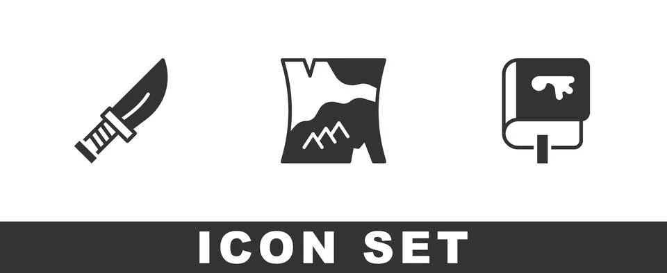 Set Dagger, Folded map and Viking book icon. Vector Stock Illustration