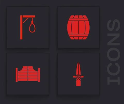 Set Dagger, Gallows, Gun powder barrel and Saloon door icon. Vector Illustrazione stock