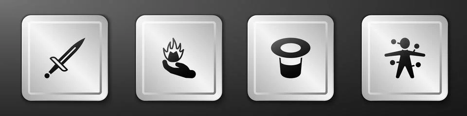 Set Dagger, Hand holding fire, Magic hat and Voodoo doll icon. Silver square Ilustração Stock