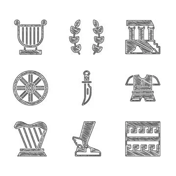 Set Dagger, Hermes sandal, Ancient Greek pattern, Body armor, Harp, Old wooden Stock Illustration