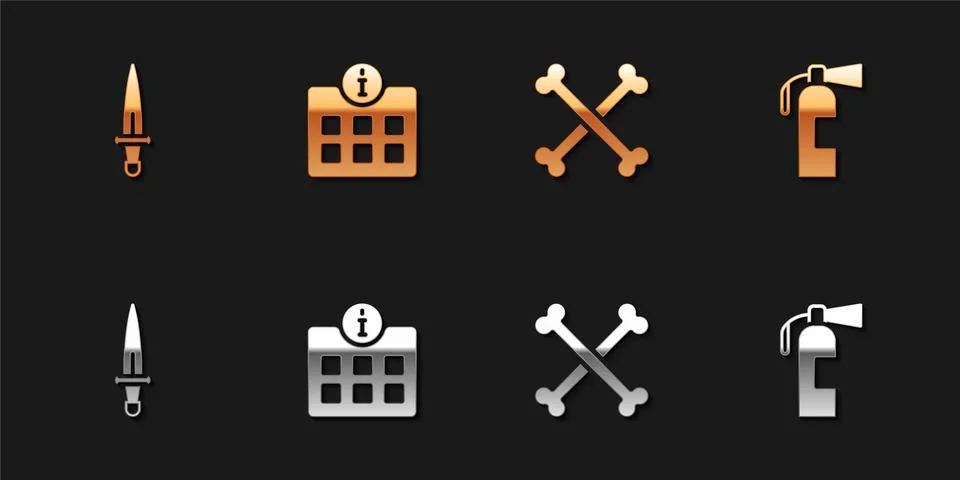 Set Dagger, Information, Crossed human bones and Fire extinguisher icon. Vector Stock Illustration