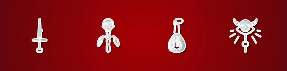 Set Dagger, Magic staff, Lute and icon. Vector Stock Illustration