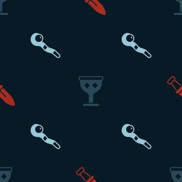 Set Dagger, Medieval goblet and Magic staff on seamless pattern. Vector Illustrazione stock