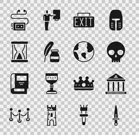 Set Dagger, Museum building, Human skull, Exit sign, Feather and inkwell, Old Ilustración de archivo