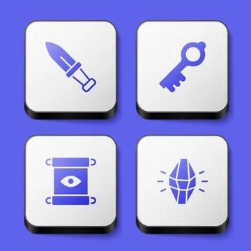 Set Dagger, Old magic key, Magic scroll and stone icon. White square button イラスト素材