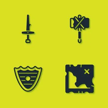 Set Dagger, Pirate treasure map, Shield and Medieval axe icon. Vector Stock Illustration
