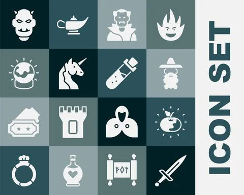 Set Dagger, Poison apple, Wizard warlock, Vampire, Unicorn, Magic ball, Mask of Ilustración de archivo