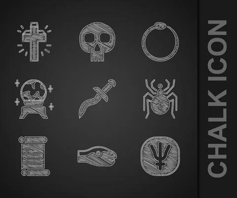 Set Dagger, Snake, Neptune planet, Spider, Decree, parchment, scroll, Magic b Illustrazione stock