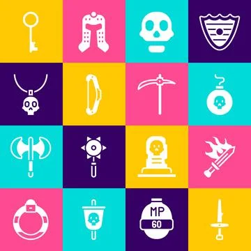 Set Dagger, Sword for game, Bomb ready to explode, Skull, Medieval bow, Necklace Illustrazione stock