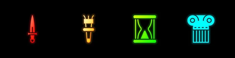 Set Dagger, Torch flame, Old hourglass with sand and Ancient column icon. Vector Stock Illustration