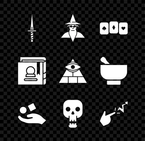 Set Dagger, Wizard warlock, Playing cards, Cube levitating above hand, Skull Stock Illustration