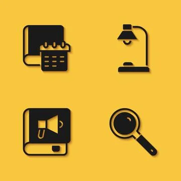 Set Daily paper notepad, Magnifying glass, Book and Table lamp icon with long Stock Illustration